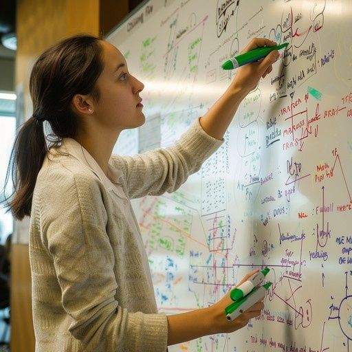 Person skriver komplekse diagrammer og noter på en whiteboardtavle