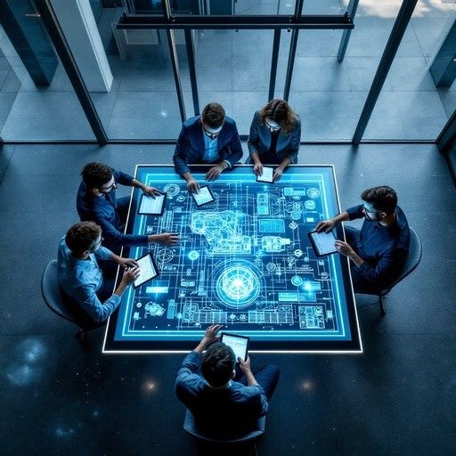 Ingeniører samarbejder om en digital teknologiskitse ved et bord